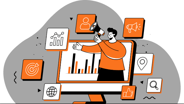 G2C Partners – Full-Service Digital Marketing Solutions Digital marketing illustration with analytics, targeting, and social media icons