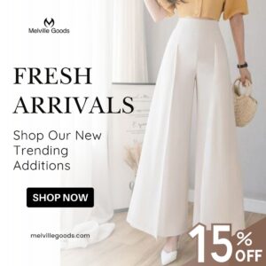 Women’s fashion ad featuring wide-leg white trousers – 15% off