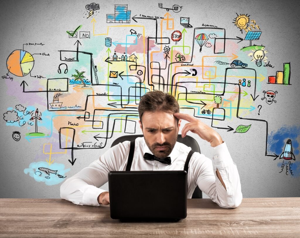 Confused business owner overwhelmed by complex digital marketing strategy diagrams.