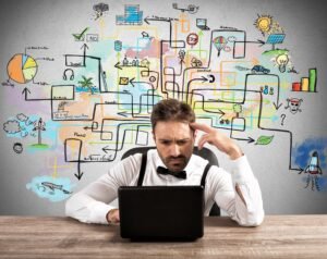 Confused business owner overwhelmed by complex digital marketing strategy diagrams.