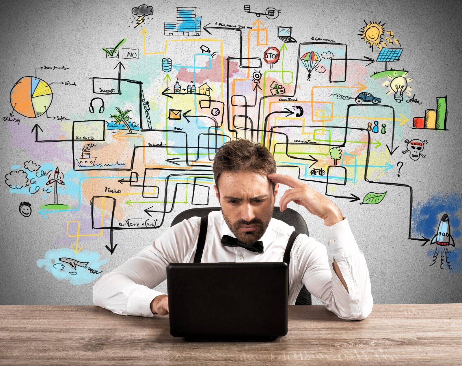 Confused business owner overwhelmed by complex digital marketing strategy diagrams.