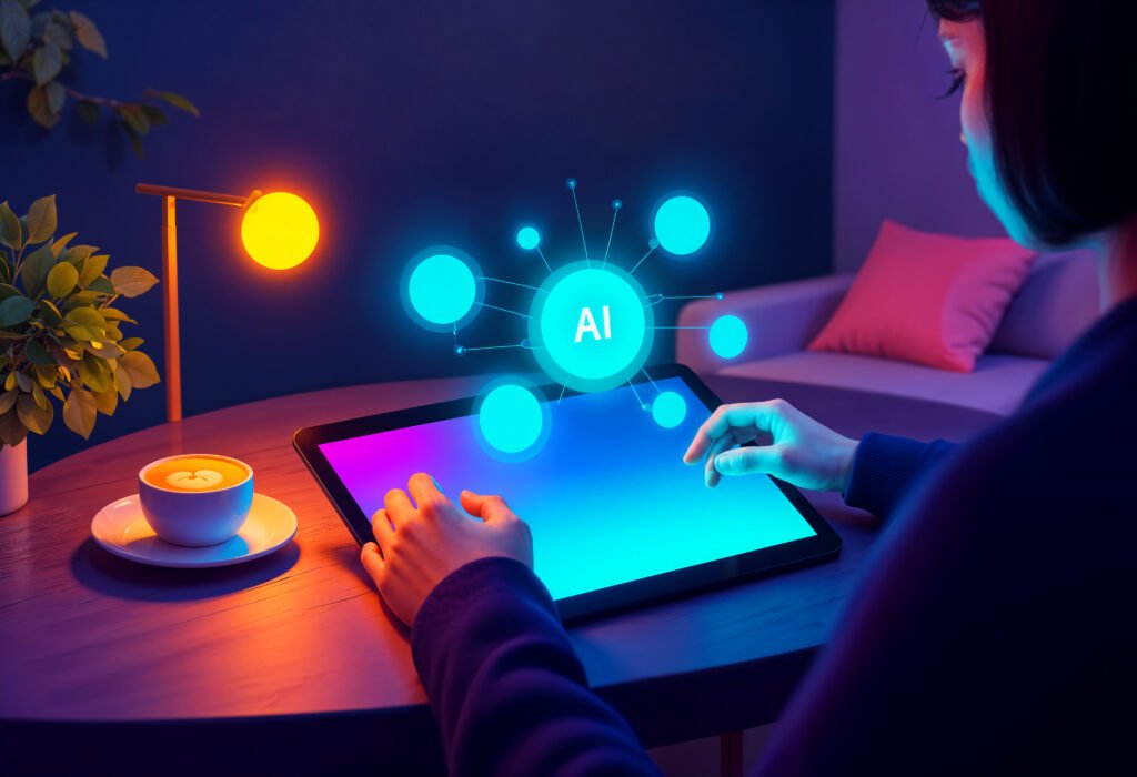 Person using tablet with AI hologram interface representing AI digital marketing trends 2026