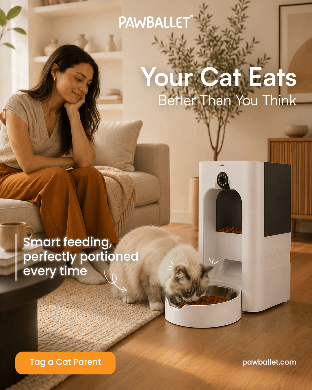Woman watching cat eat